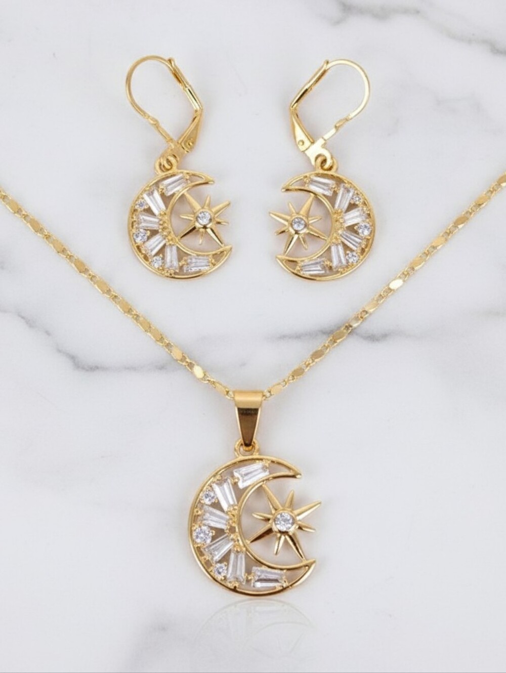 18K Gold-Filled Celestial Moon & Star Set | Baguette CZ Lunar Necklace & Earring